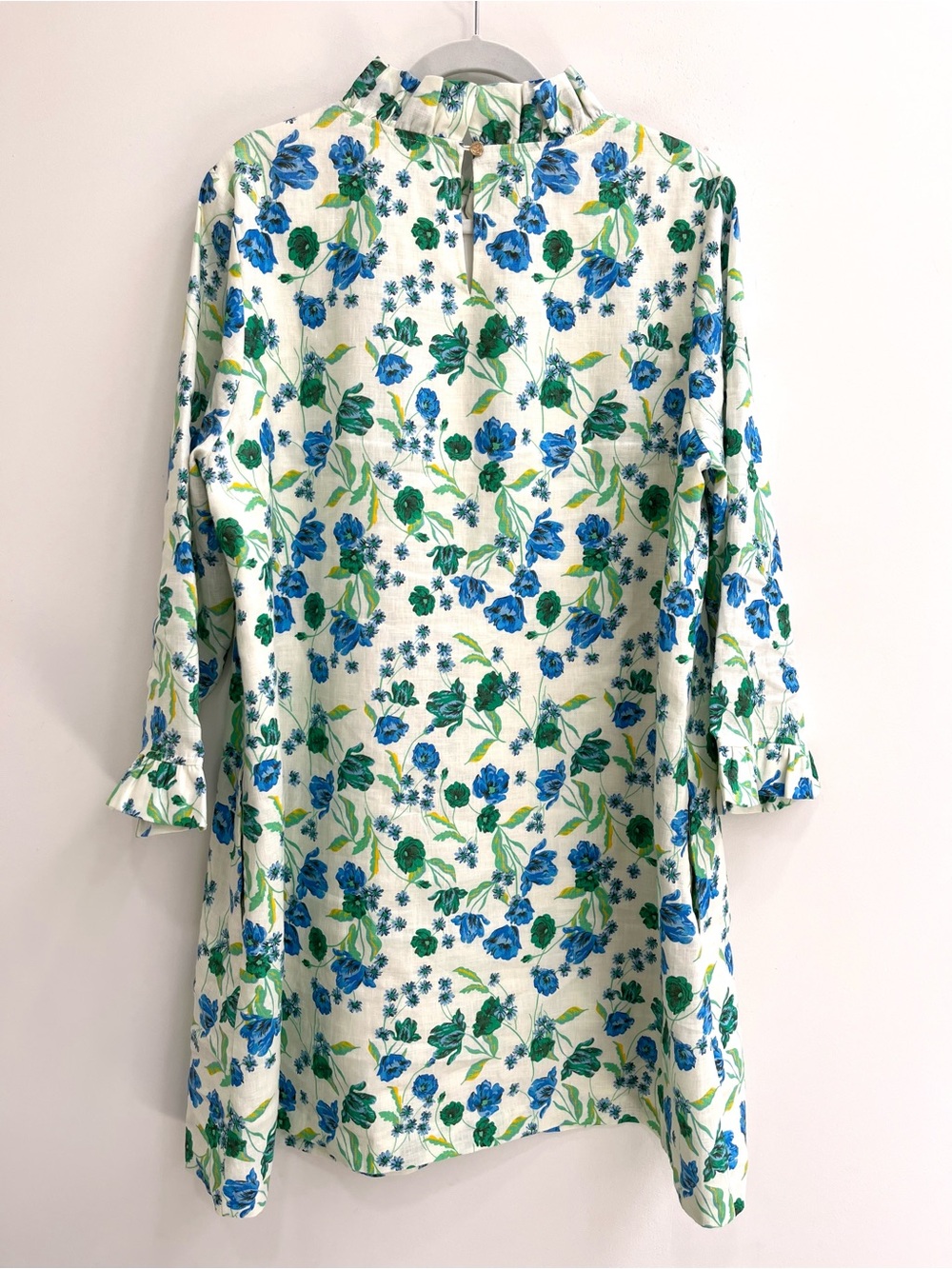 Draper James Blue Green Floral Linen Shift Dress High Neck Ruffle Collar Size XL - Picture 2 of 10